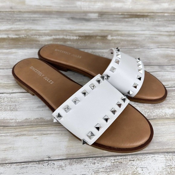 Sincerely Jules Tyler Studded Wide Strap Slide Sandals Size 9 White Silver - Picture 1 of 10